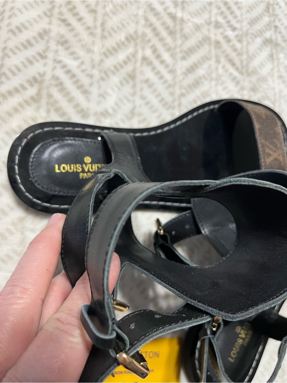 Louis Vuitton Black Leather Sandals with Monogram Brown Strap 10 - Picture 15 of 16